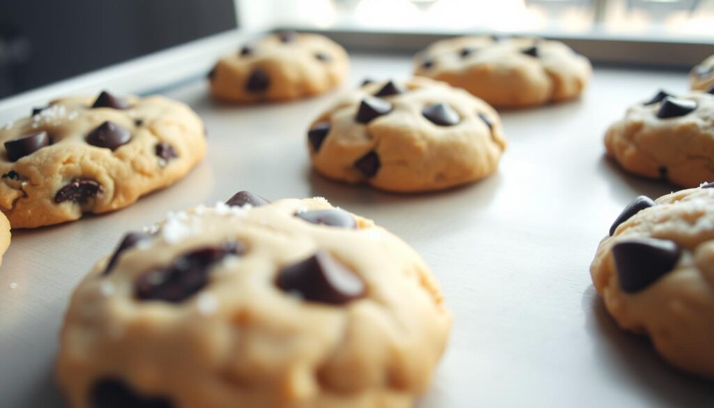 Chocolate chip cookies using white sugar on a baking sheet