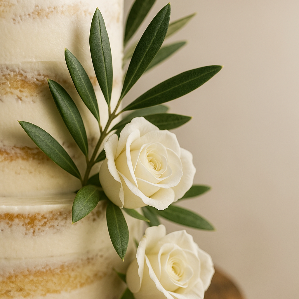 Olive green and white floral accents on a semi naked wedding cake