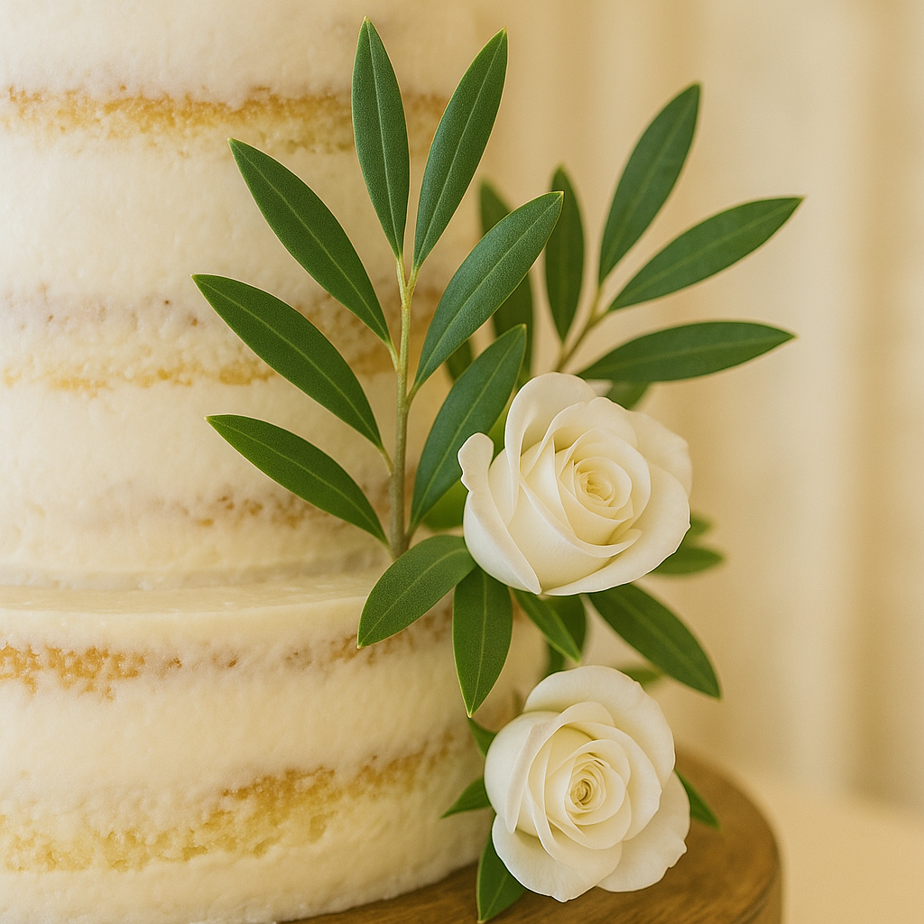 Semi naked wedding cake with fresh greenery and white flowers